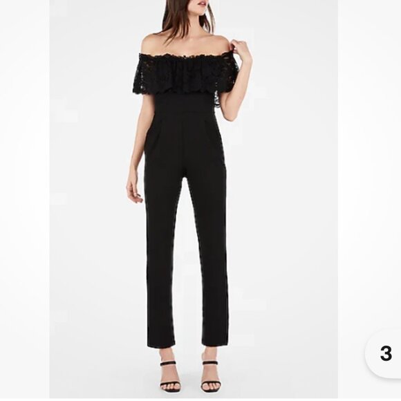 Express Jumpsuit One Piece Black Lace of The Shoulder Zipper Closure Size 10 - Picture 1 of 14